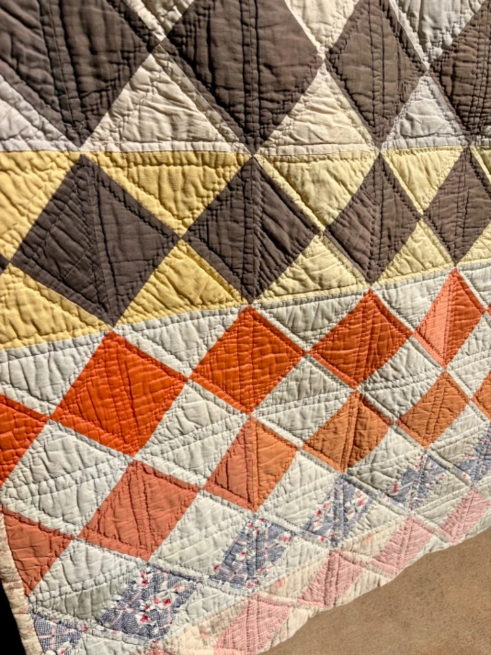 Vintage 1950s Patchwork Quilt 62 x 82, Handmade Hand Quilted Diamond Quilt